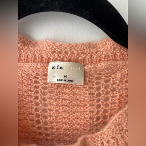Aritzia Le Fou Wilfred Cropped Embroidered Cardigan Peach Knit Puff Sleeve - Picture 4 of 10